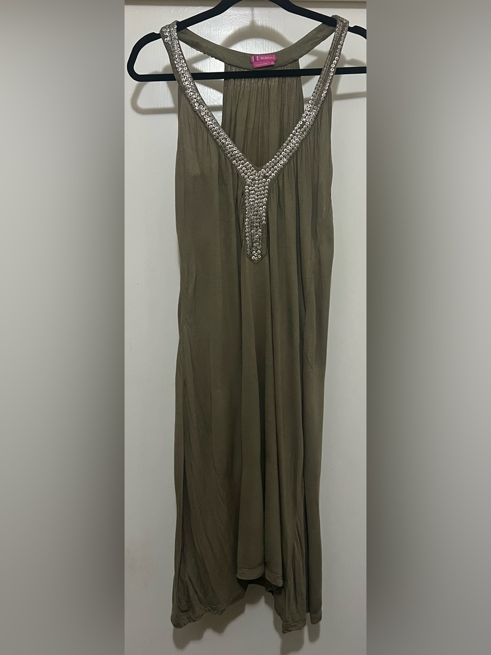BCBGirls olive cotton halter neck short dress- w/sequin collar